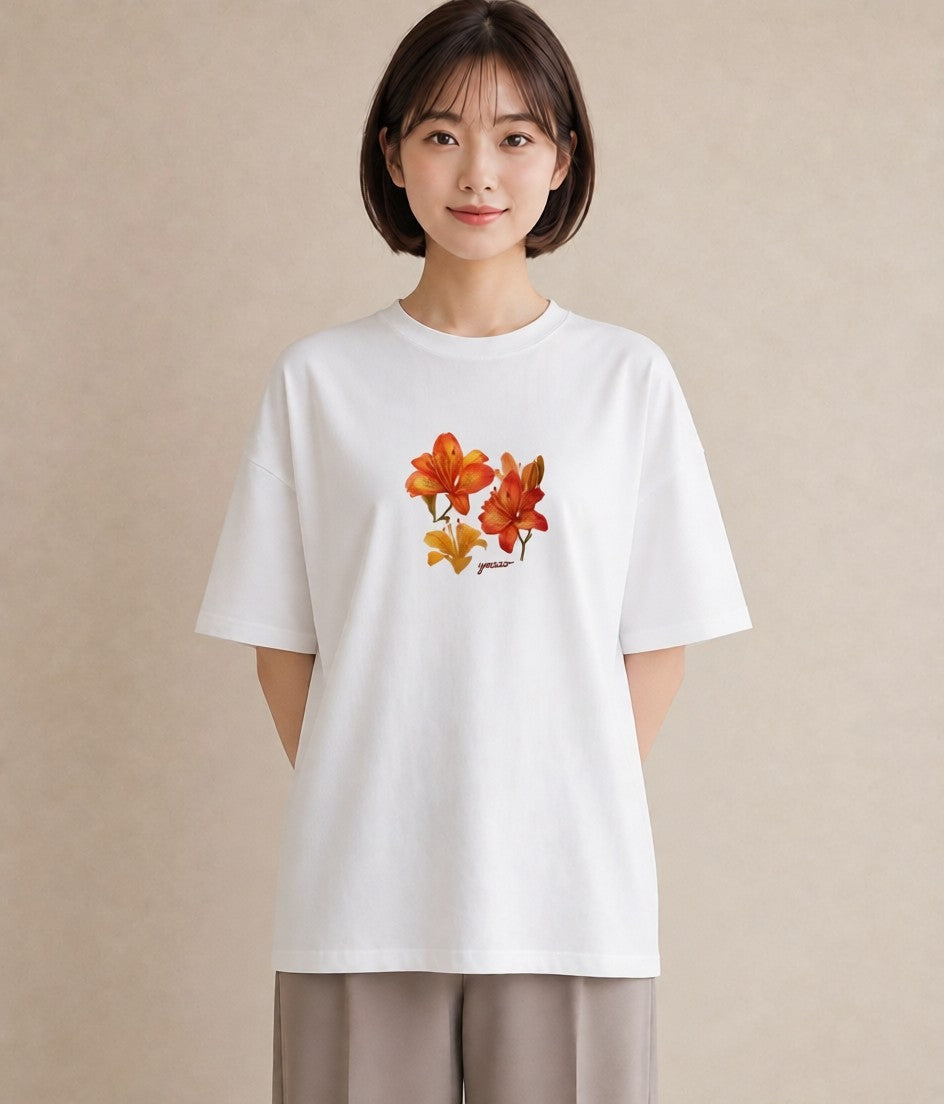 デザインTシャツ レディース ゆり 百合 花 花柄 イラスト 個性的 海 カフェ巡り 白T YMAZO