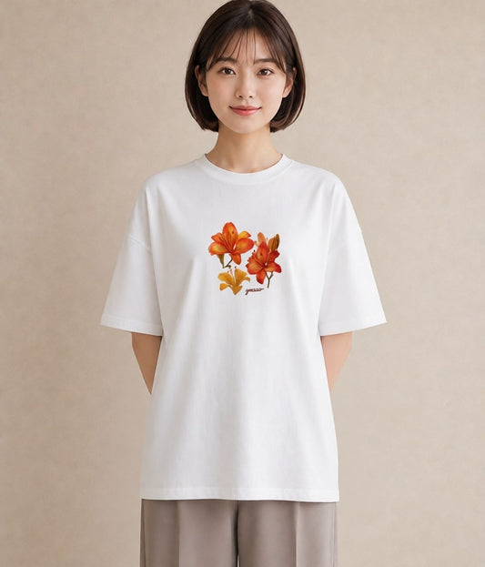 デザインTシャツ レディース ゆり 百合 花 花柄 イラスト 個性的 海 カフェ巡り 白T YMAZO