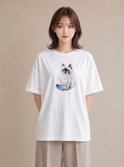 プリントTシャツ レディース ペルシャ 猫 ねこ イラスト きれいめカジュアル デイリーウェア 休日 白T YMAZO
