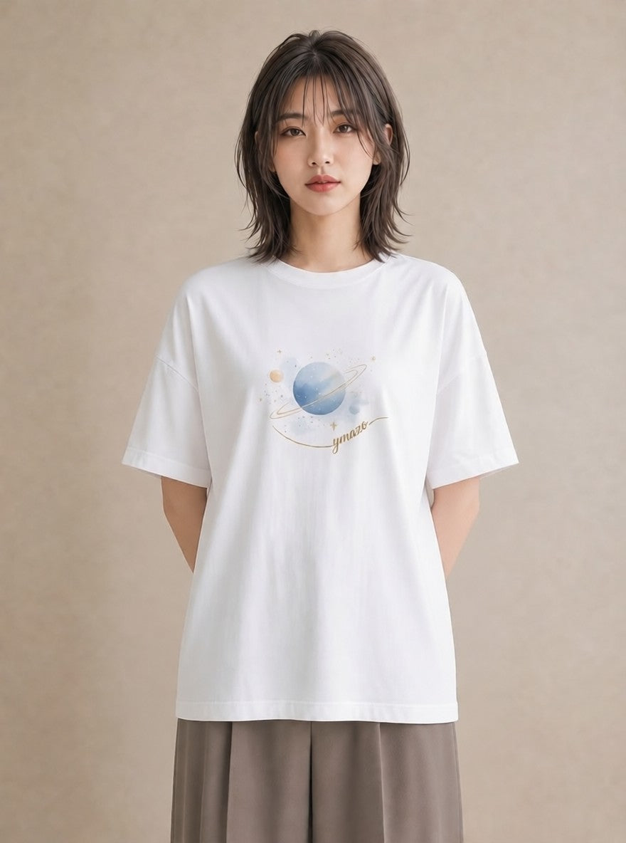 プリントTシャツ レディース 土星 星空 宇宙 イラスト カジュアル カジュアルコーデ 買い物 白T YMAZO