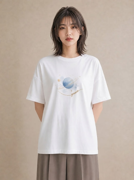 プリントTシャツ レディース 土星 星空 宇宙 イラスト カジュアル カジュアルコーデ 買い物 白T YMAZO