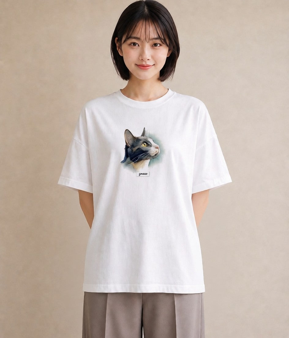 半袖Tシャツ レディース ハチワレ 白黒猫 猫 ねこ イラスト きれいめ ラフ レイヤード 白T YMAZO