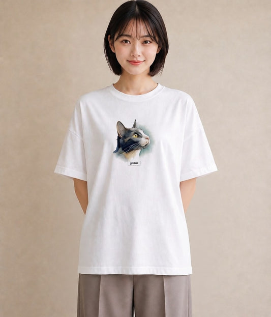 半袖Tシャツ レディース ハチワレ 白黒猫 猫 ねこ イラスト きれいめ ラフ レイヤード 白T YMAZO