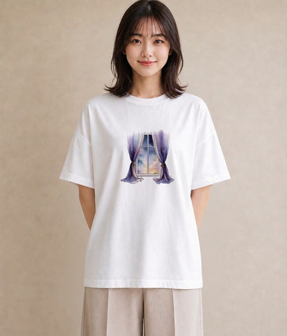 プリントTシャツ レディース 窓辺の雨 雨の日 窓 ナチュラル アンティーク イラスト カジュアル おしゃれギフト 社会人 白T YMAZO