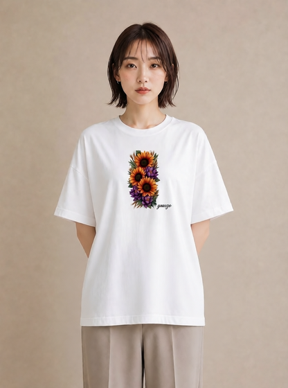プリントTシャツ レディース ひまわり 向日葵 花 花柄 イラスト アート風 ルームウェア ギフト 白T YMAZO