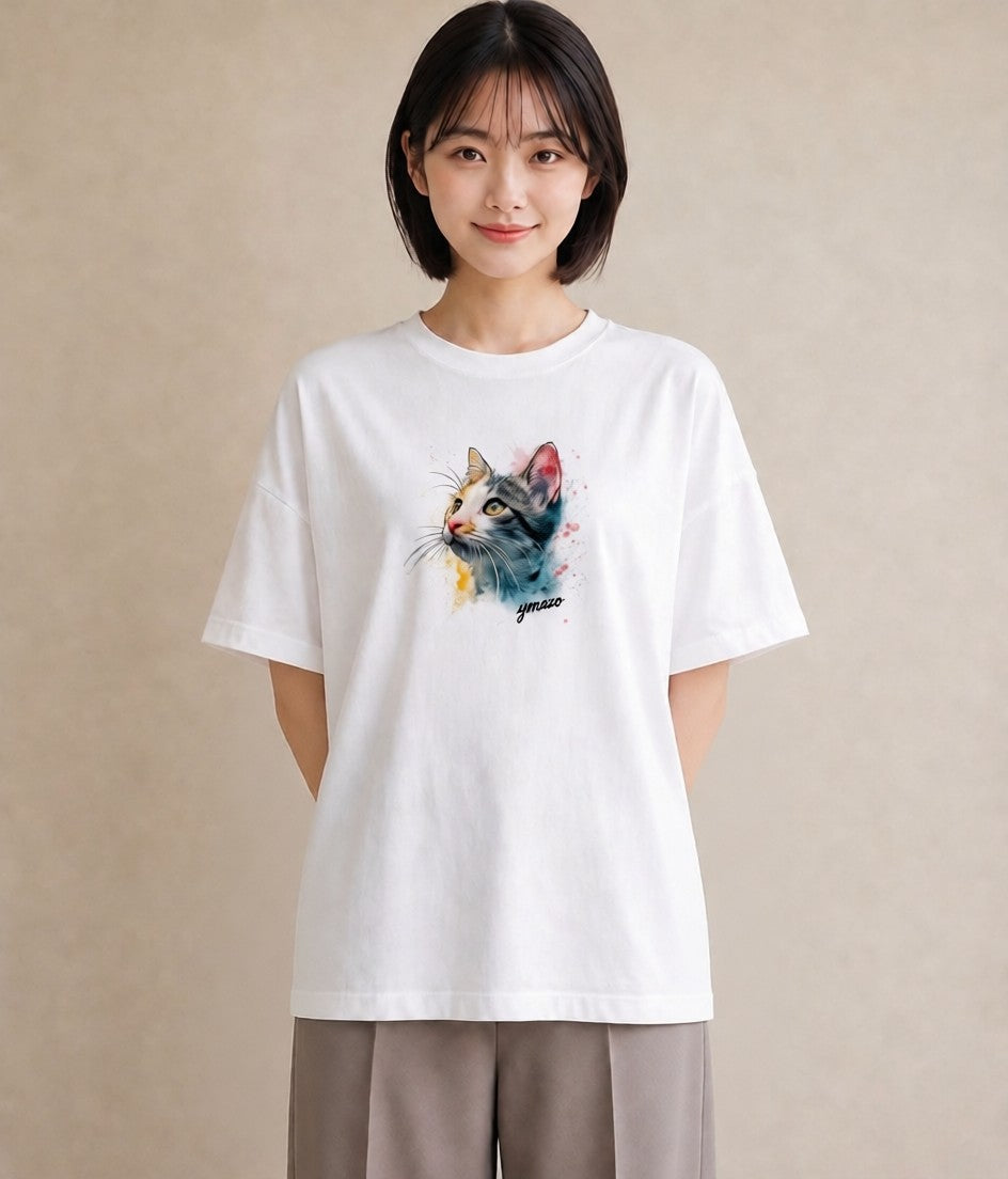 デザインTシャツ レディース アメリカンショートヘア 猫 ねこ イラスト ミセス 春コーデ 白T YMAZO