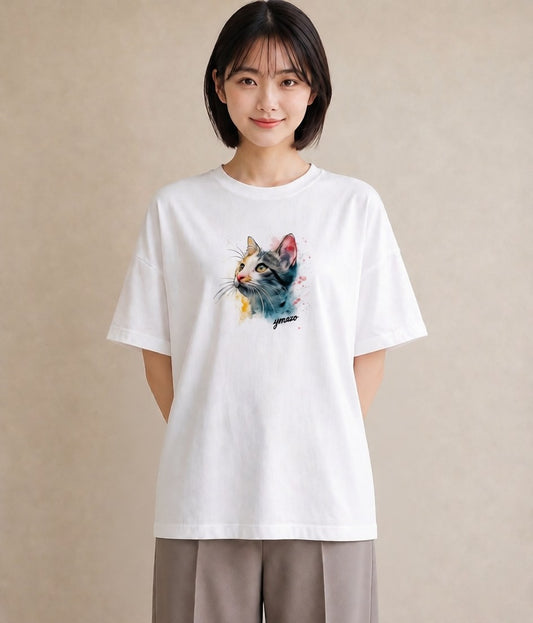 デザインTシャツ レディース アメリカンショートヘア 猫 ねこ イラスト ミセス 春コーデ 白T YMAZO