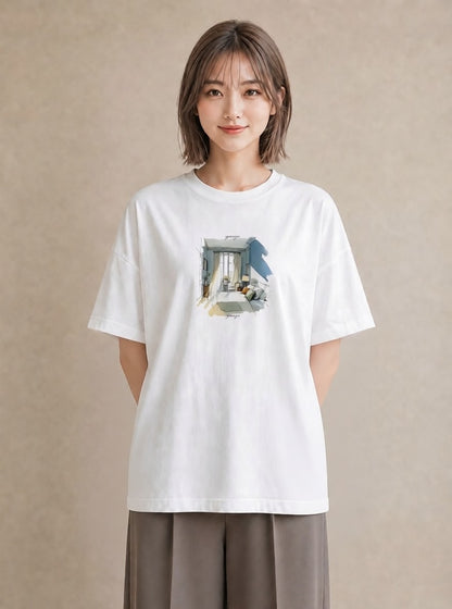 プリントTシャツ レディース 窓辺の椅子 窓辺 椅子 ナチュラル アンティーク イラスト ミニマル クリスマス 旅行 白T YMAZO