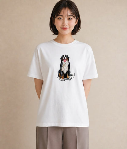 半袖Tシャツ レディース バーニーズマウンテンドッグ 犬 いぬ イラスト 線画 女性 旅行用 白T YMAZO