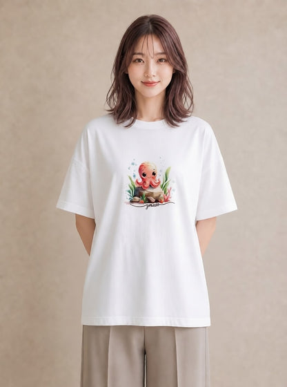 グラフィックTシャツ レディース イカ 海の生き物 海 イラスト 北欧風 敬老の日 ホワイトデー 白T YMAZO