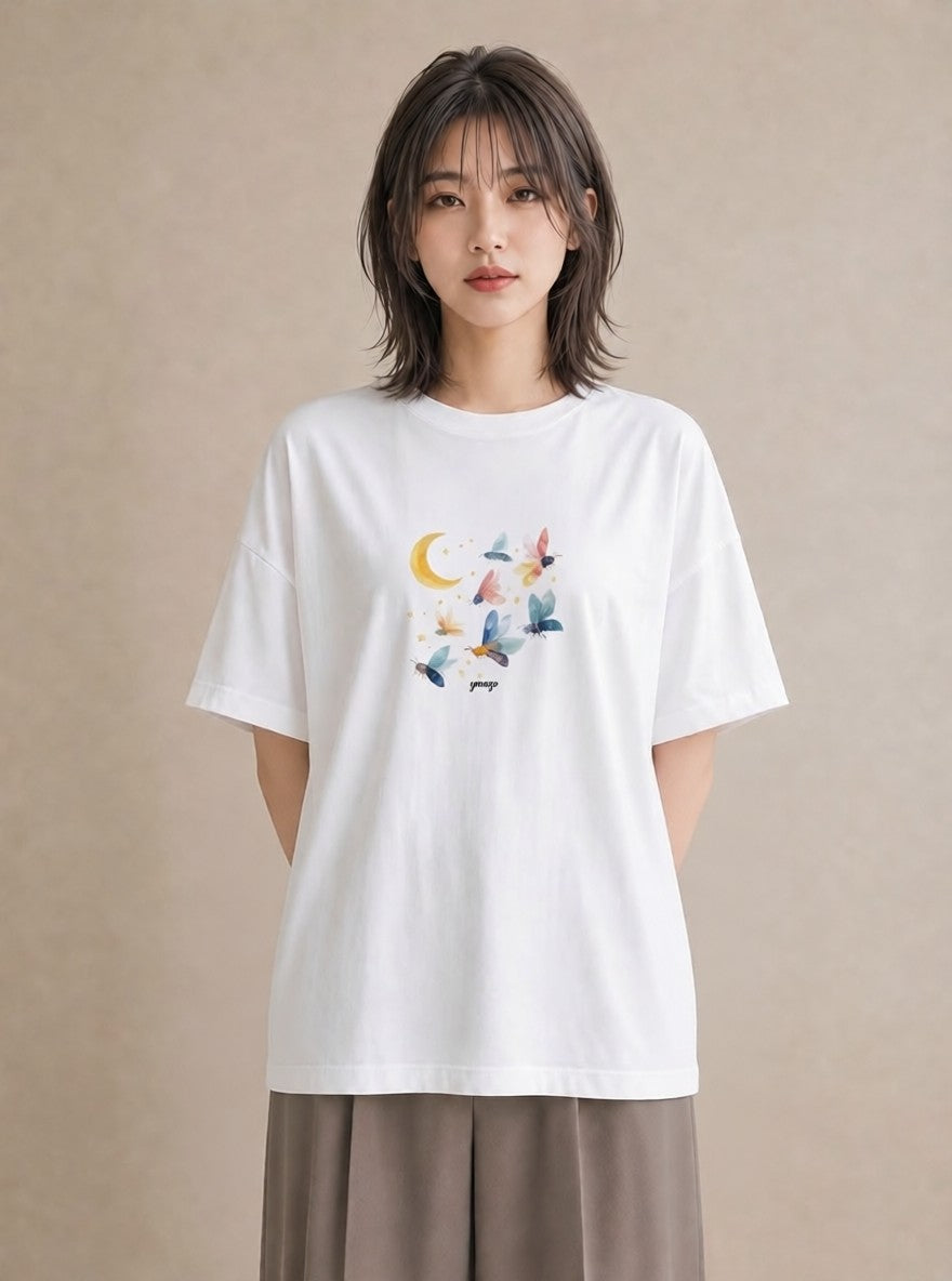 半袖Tシャツ レディース 満月 星空 宇宙 イラスト 上品 散歩 お出かけ 白T YMAZO