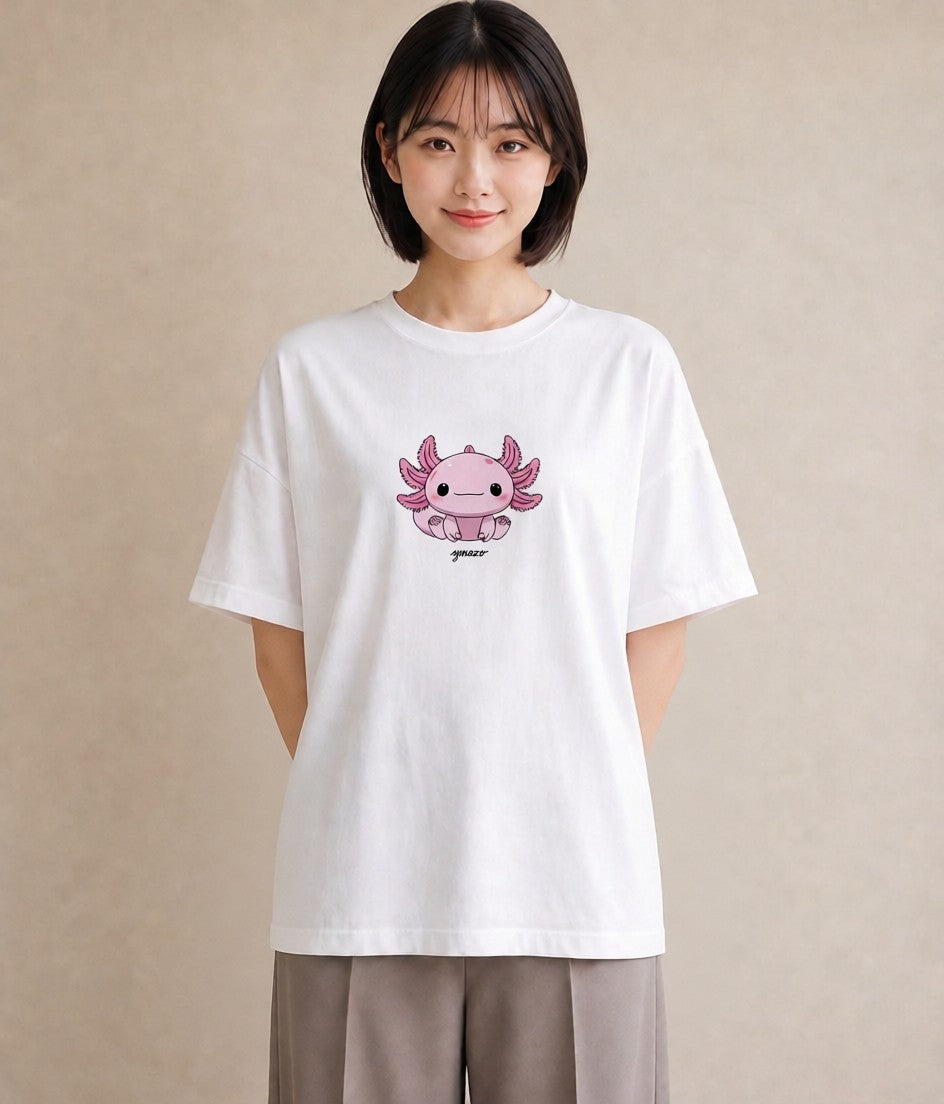 プリントTシャツ レディース ウーパールーパー ペット 動物 イラスト ヴィンテージ風 散歩 お出かけ 白T YMAZO