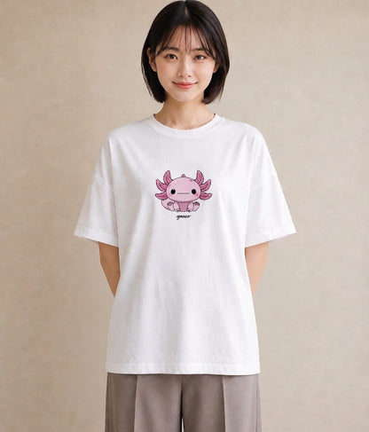 プリントTシャツ レディース ウーパールーパー ペット 動物 イラスト ヴィンテージ風 散歩 お出かけ 白T YMAZO