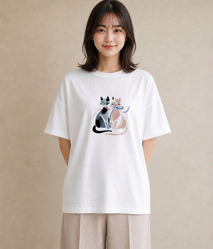 デザインTシャツ レディース ハチワレ 白黒猫 猫 ねこ イラスト 在宅 公園 白T YMAZO