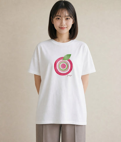 プリントTシャツ レディース りんご 林檎 アップル 食べ物 フード イラスト 韓国風 春服 ミセス 白T YMAZO