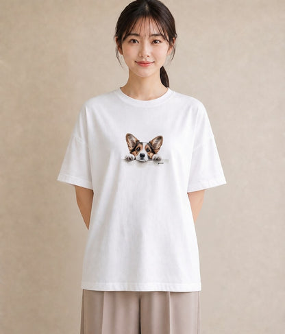 半袖Tシャツ レディース ウェルシュコーギー コーギー 犬 いぬ イラスト ニュアンス 綿100 デート 白T YMAZO