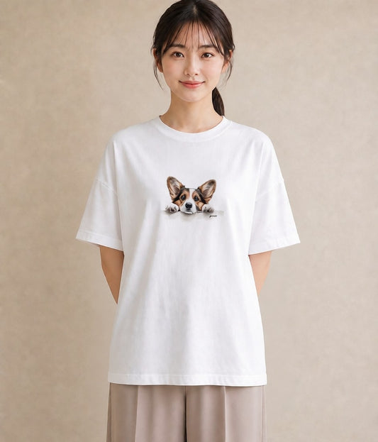 半袖Tシャツ レディース ウェルシュコーギー コーギー 犬 いぬ イラスト ニュアンス 綿100 デート 白T YMAZO