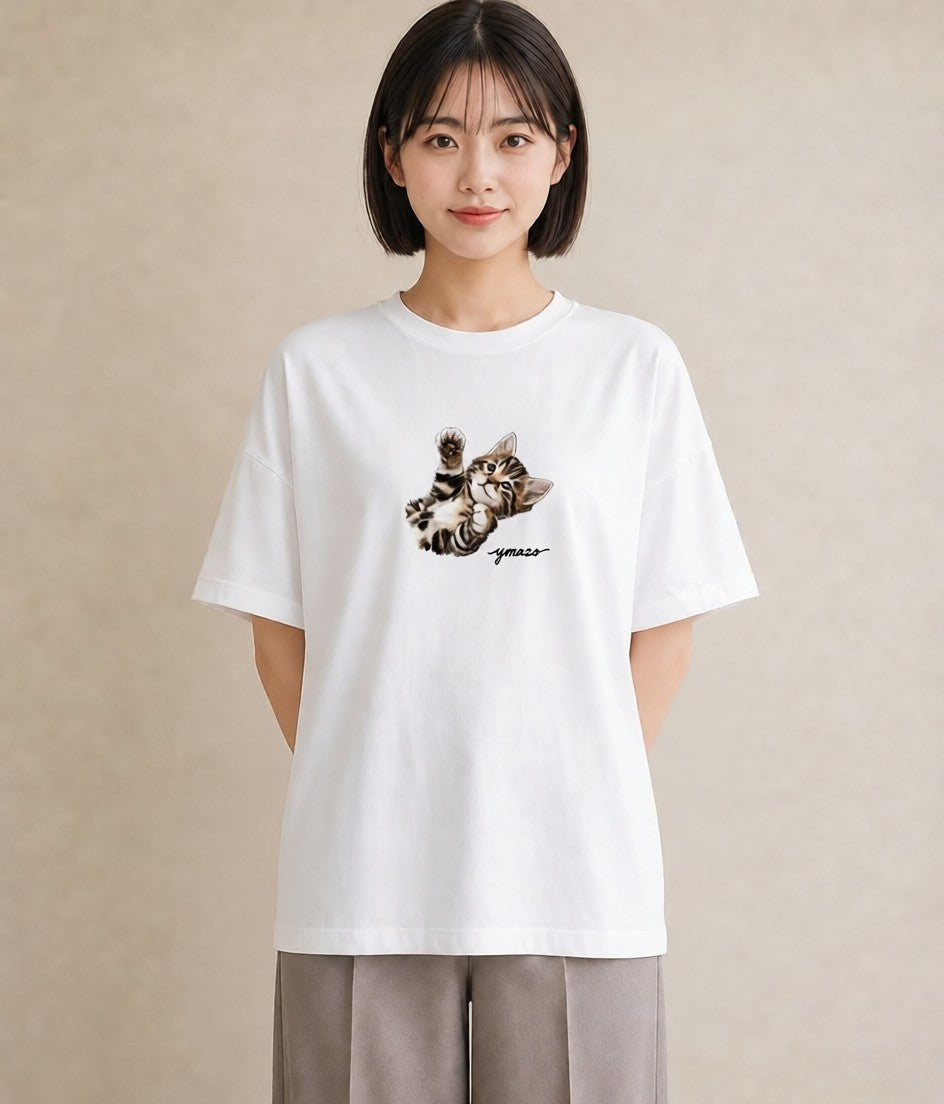 デザインTシャツ レディース 猫の手 猫 ねこ イラスト アート風 休日 ペアコーデ 白T YMAZO
