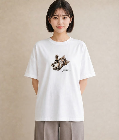 デザインTシャツ レディース 猫の手 猫 ねこ イラスト アート風 休日 ペアコーデ 白T YMAZO