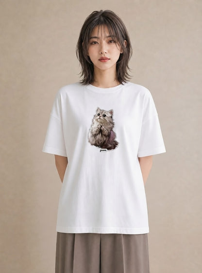 半袖Tシャツ レディース おすわり猫 猫 ねこ イラスト 手描き風 レイヤード 友達ギフト 白T YMAZO