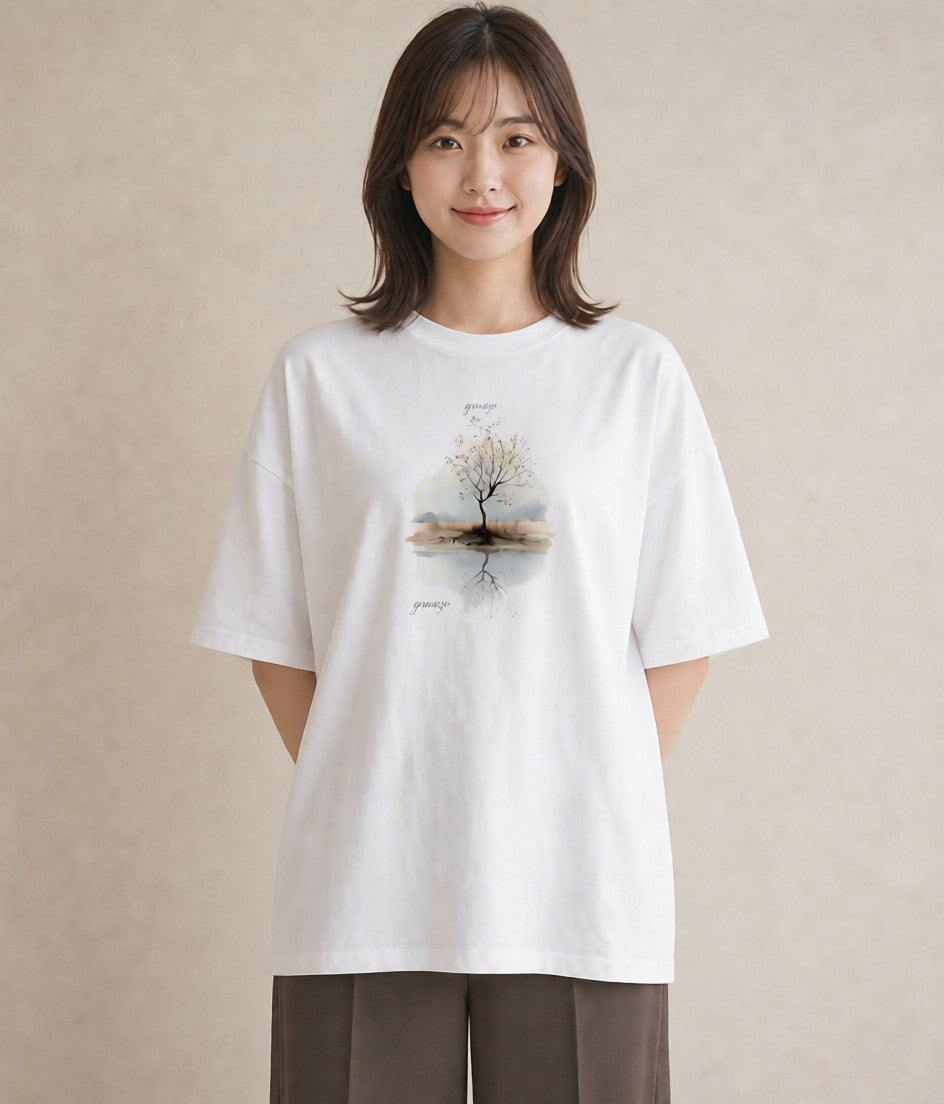 デザインTシャツ レディース 青の水彩 風景 ブルー ナチュラル アンティーク イラスト 線画 クリスマス 旅行 白T YMAZO