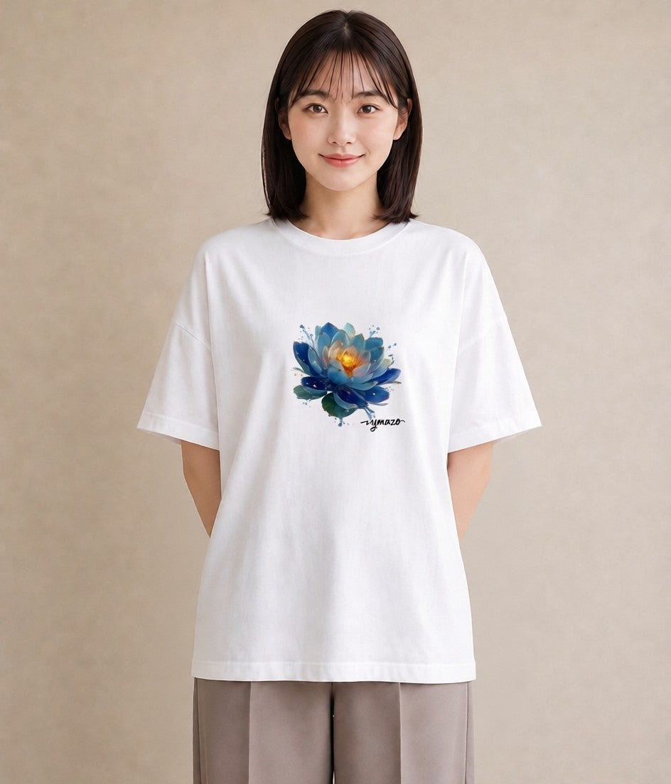 Tシャツ レディース 蓮 花 花柄 イラスト レトロ 休日 ペアコーデ 白T YMAZO