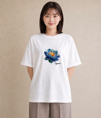 Tシャツ レディース 蓮 花 花柄 イラスト レトロ 休日 ペアコーデ 白T YMAZO