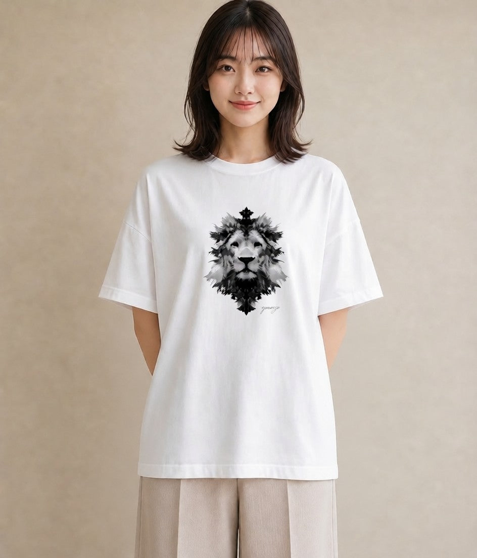 半袖Tシャツ レディース ライオン 動物 アニマル イラスト お揃い 親子 白T YMAZO