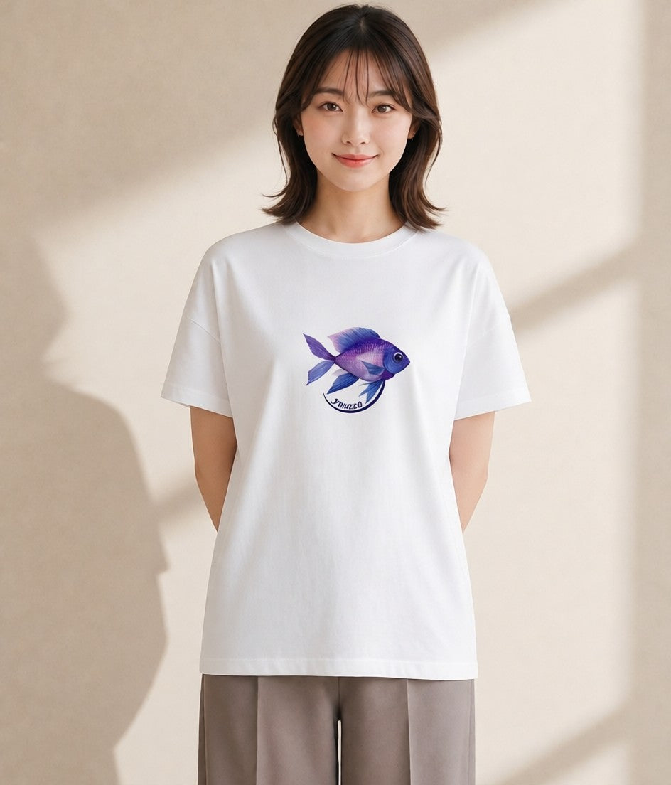 プリントTシャツ レディース グッピー ペット 動物 イラスト ゆるかわ 綿100 デート 白T YMAZO