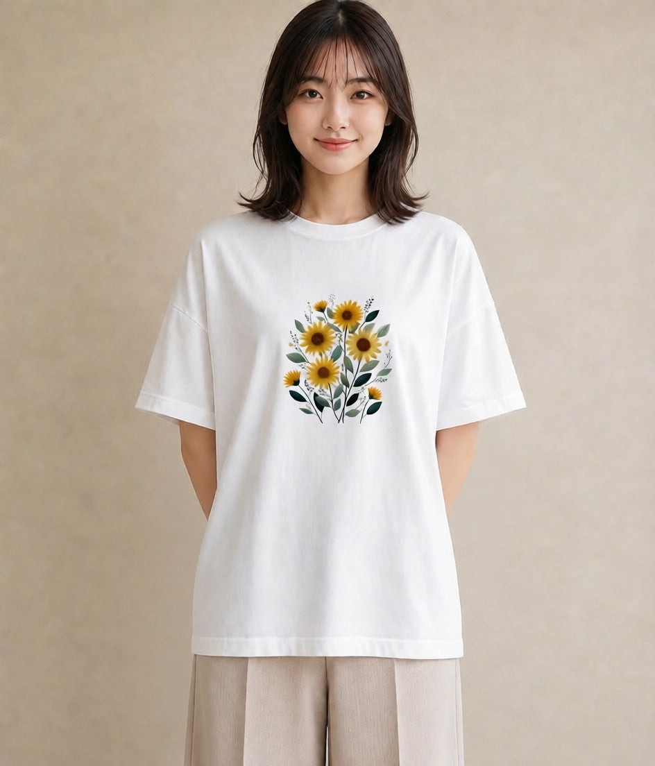グラフィックTシャツ レディース ひまわり 向日葵 花 花柄 イラスト ミニマル 秋コーデ おしゃれギフト 白T