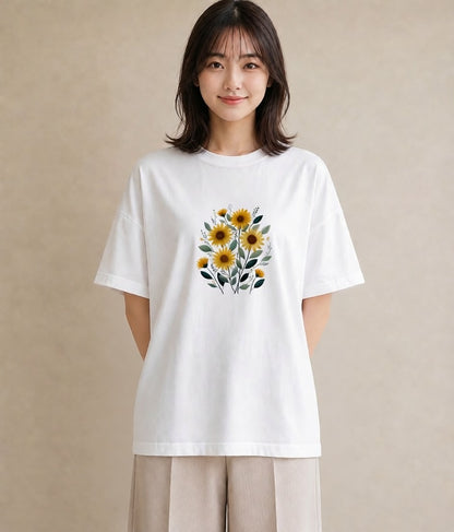 グラフィックTシャツ レディース ひまわり 向日葵 花 花柄 イラスト ミニマル 秋コーデ おしゃれギフト 白T