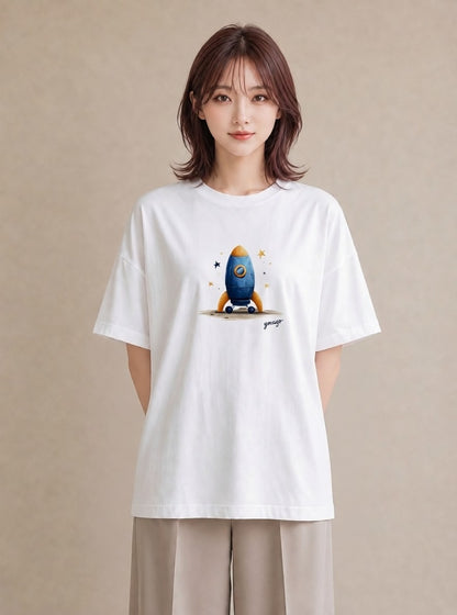 Tシャツ レディース ロケット 星空 宇宙 イラスト 普段使い ペアコーデ 秋コーデ 白T YMAZO