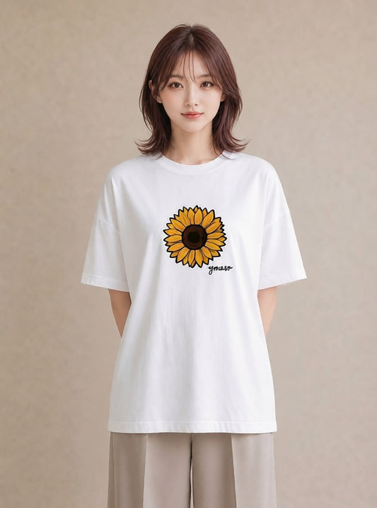 半袖Tシャツ レディース ひまわり 向日葵 花 花柄 イラスト ナチュラル 送別ギフト 通勤 白T YMAZO