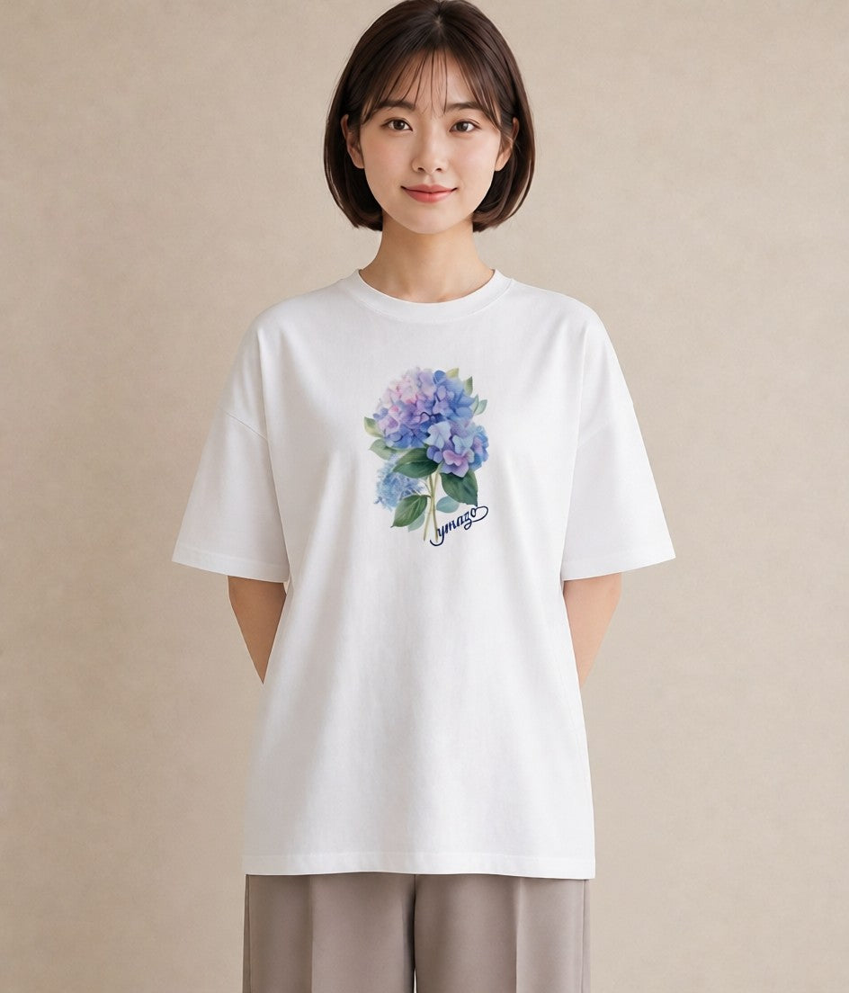 プリントTシャツ レディース あじさい 紫陽花 アジサイ 花 花柄 イラスト 夏コーデ 通学 白T YMAZO