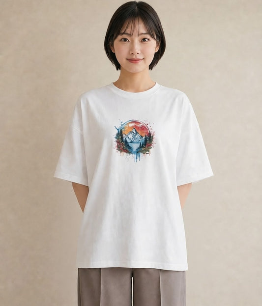 プリントTシャツ レディース 山 星空 宇宙 イラスト きれいめカジュアル お出かけ 普段着 白T YMAZO