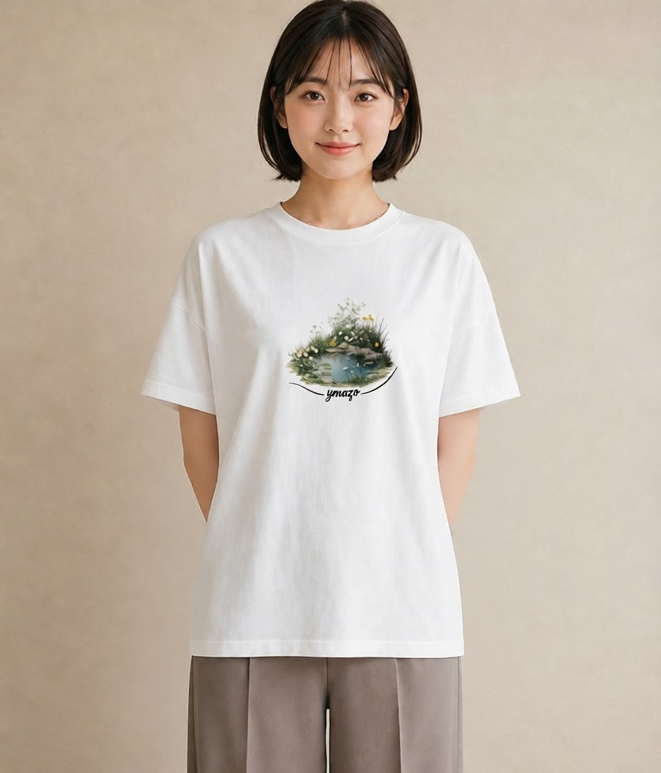 グラフィックTシャツ レディース 桟橋 水辺 波止場 ナチュラル アンティーク イラスト 線画 友達ギフト 部屋着 白T YMAZO