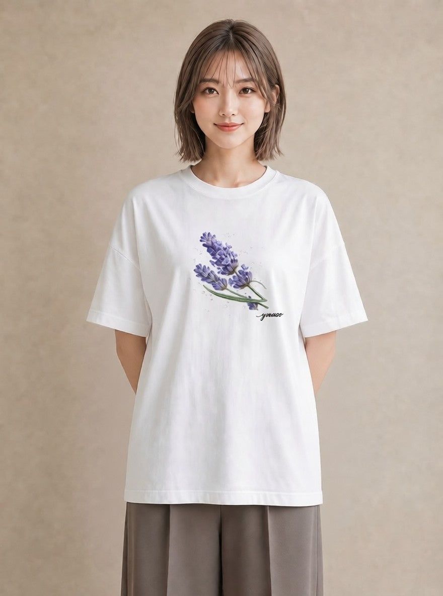 プリントTシャツ レディース ラベンダー 花 花柄 イラスト ペアコーデ 秋コーデ 白T YMAZO