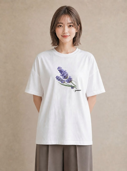 プリントTシャツ レディース ラベンダー 花 花柄 イラスト ペアコーデ 秋コーデ 白T YMAZO