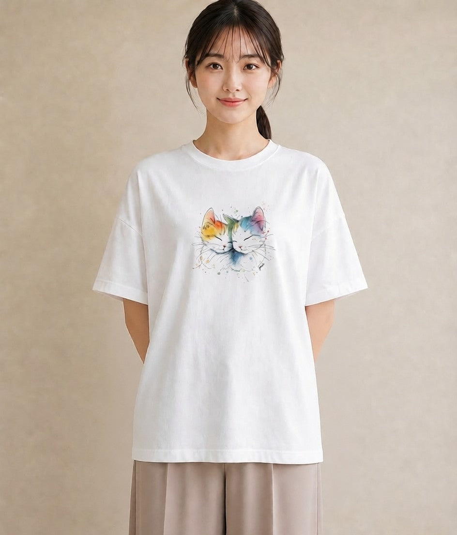 プリントTシャツ レディース ニャンコ 猫 ねこ イラスト こなれ感 デイリーウェア 休日 白T YMAZO
