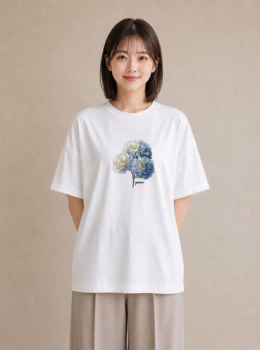 グラフィックTシャツ レディース あじさい 紫陽花 アジサイ 花 花柄 イラスト ラフカジュアル 敬老の日 ホワイトデー 白T YMAZO