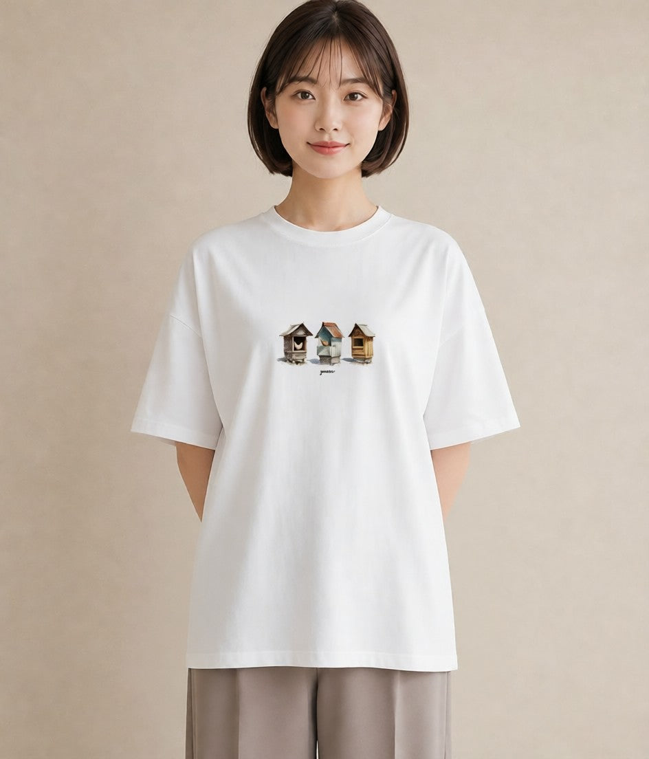 半袖Tシャツ レディース 遠い家と鳥 風景 鳥 ナチュラル アンティーク イラスト 北欧風 海 カフェ巡り 白T YMAZO