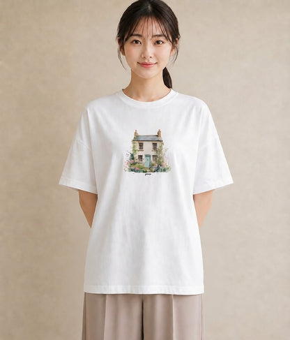 プリントTシャツ レディース 灯りの家 小屋 夜 ナチュラル アンティーク イラスト 普段使い 姉妹 送別ギフト 白T YMAZO