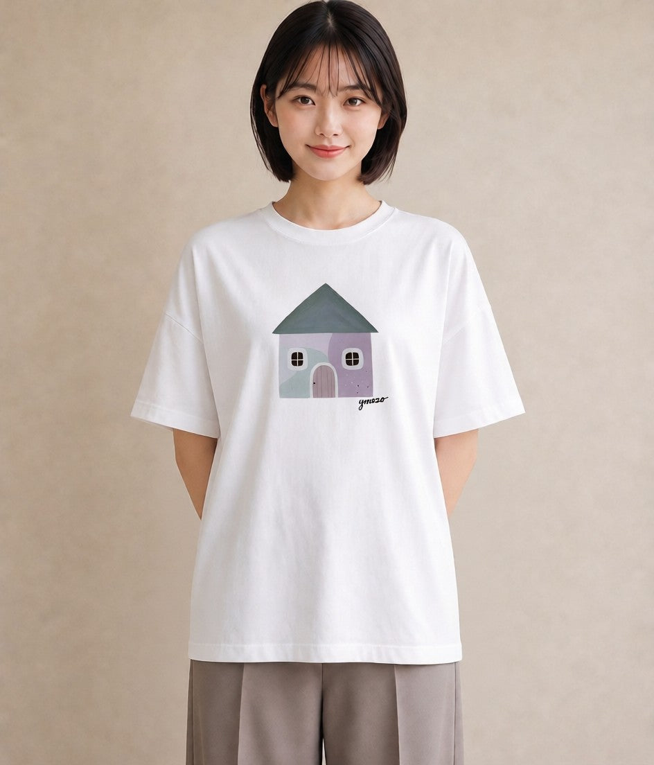 デザインTシャツ レディース 灯りの家 小屋 夜 ナチュラル アンティーク イラスト 通学 誕生日プレゼント 白T YMAZO