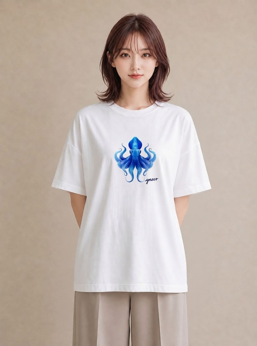 グラフィックTシャツ レディース イカ 海の生き物 海 イラスト ニュアンス カフェ服 クリスマス 白T YMAZO