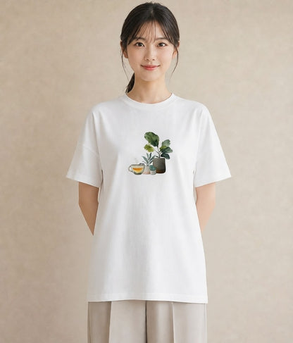 プリントTシャツ レディース 夕暮れ バルコニー 夕焼け ナチュラル アンティーク イラスト 個性的 カジュアルコーデ 買い物 白T YMAZO