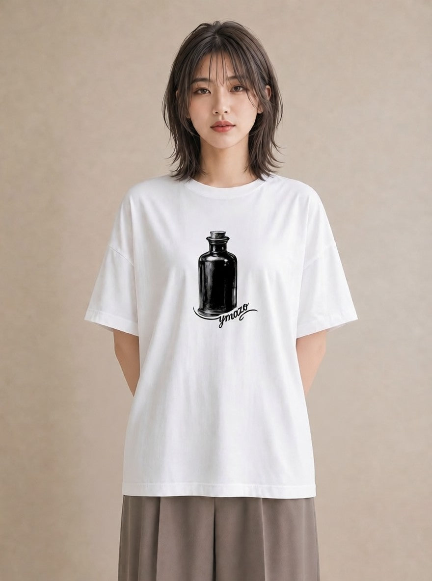 Tシャツ レディース ガラス瓶 小枝 ボタニカル ナチュラル アンティーク イラスト 韓国風 ビーチ デイリーウェア 白T YMAZO