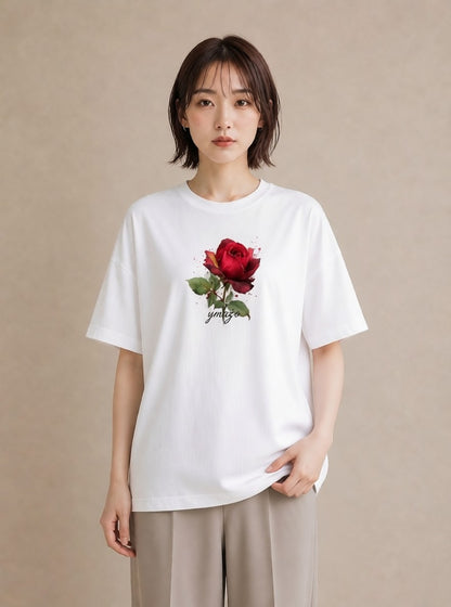 半袖Tシャツ レディース バラ 薔薇 ローズ 花 花柄 イラスト 可愛い レイヤード 友達ギフト 白T