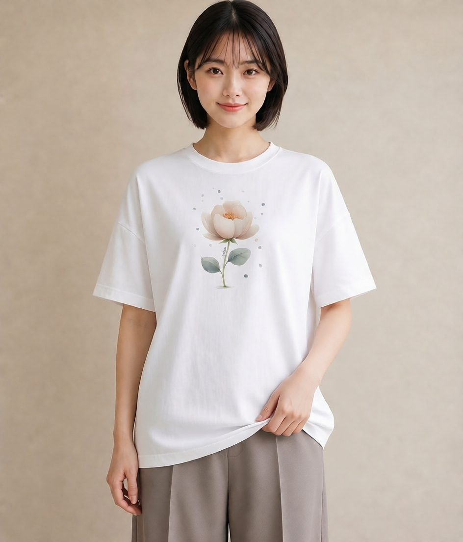 半袖Tシャツ レディース 蓮 花 花柄 イラスト 淡色 旅行用 海 白T YMAZO