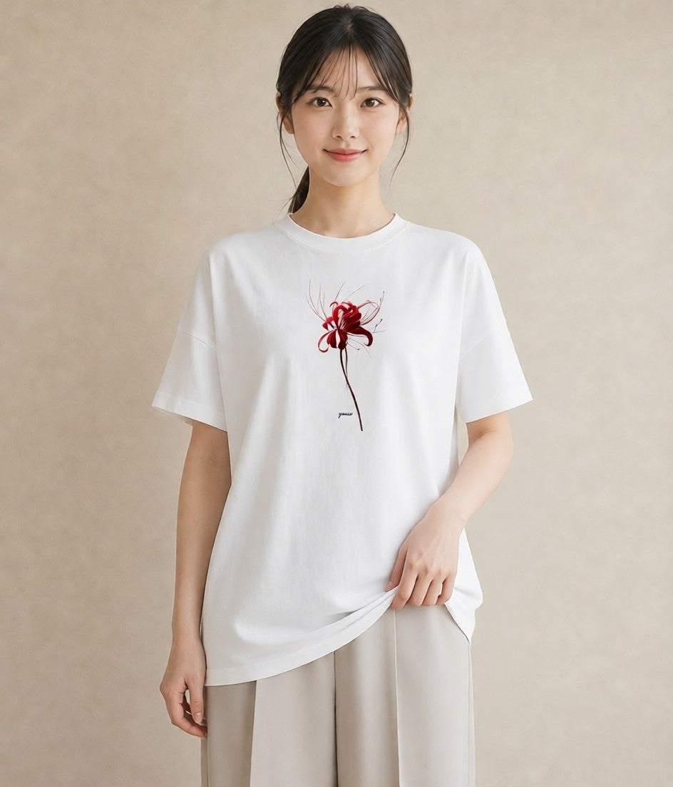 半袖Tシャツ レディース 彼岸花 花 花柄 イラスト カフェコーデ 綿100 デート 白T YMAZO