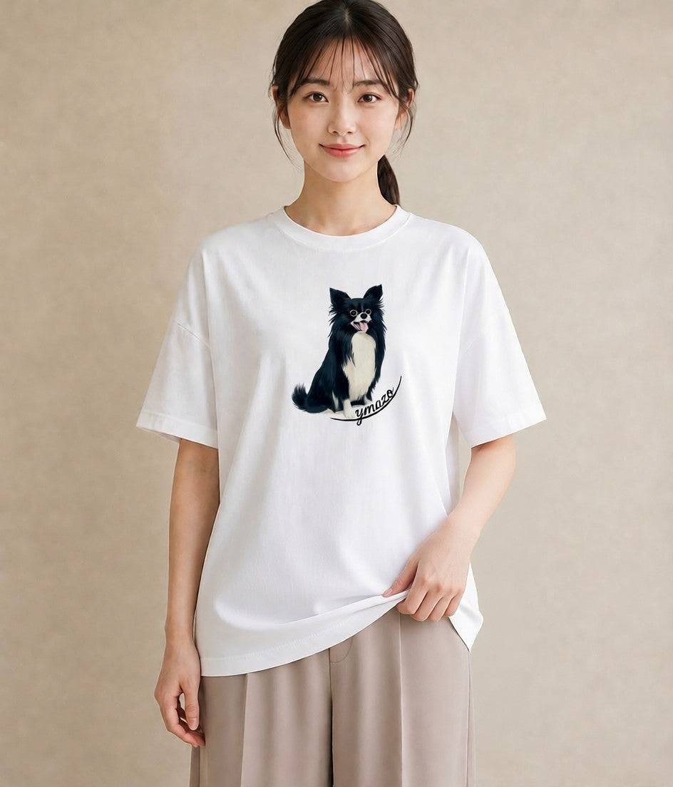 プリントTシャツ レディース ロングコートチワワ 犬 いぬ イラスト シック お出かけ 普段着 白T YMAZO